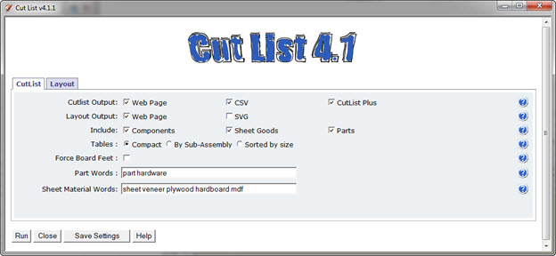 CutList Tab Selection Page