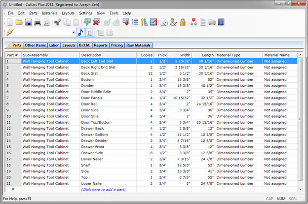 Unedited CutList Plus cut list.